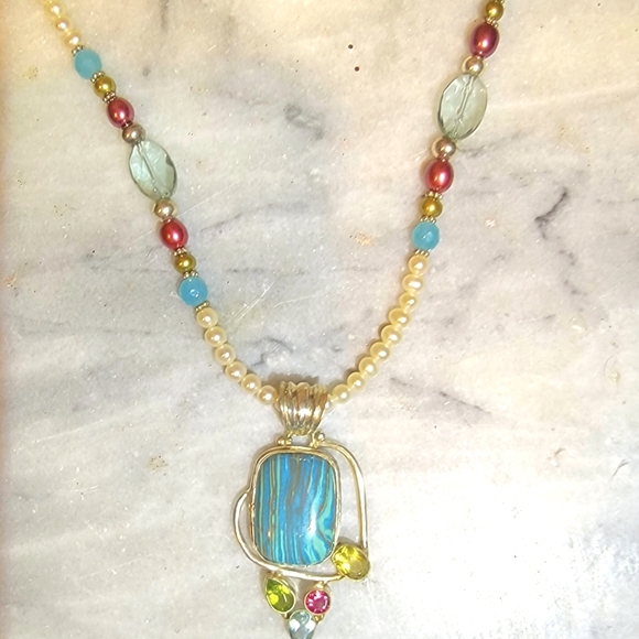 Artisan Pearl Rainbow Calsilica Topaz Tourmaline Sterling Necklace 18" E… - Picture 6 of 9